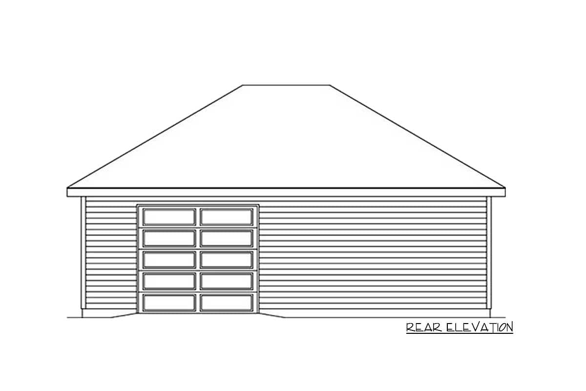 Rear elevation drawing of a house plan showing horizontal siding and a multi-pane garage door.