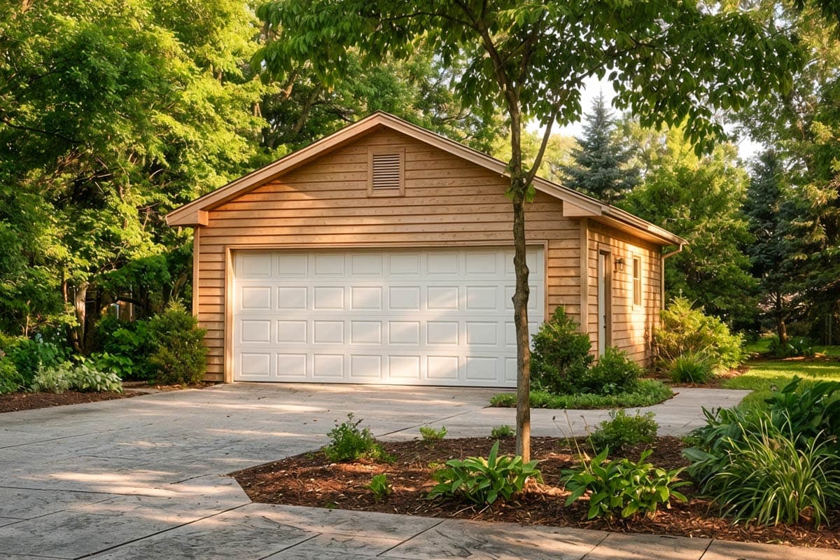 House plan exterior rendering of a one-story garage with a gable roof, a large white garage door, and a side entry door.