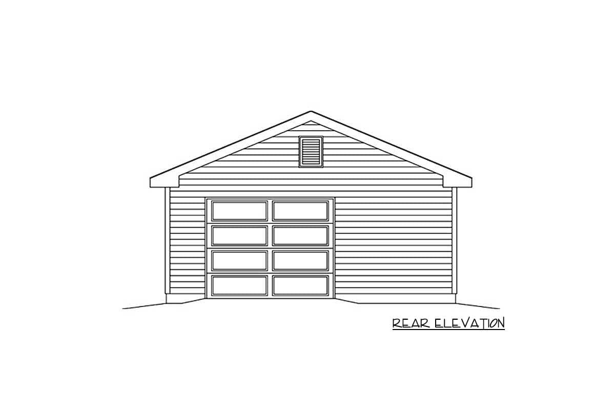 Rear elevation house plan showing a one-story garage with a double-door and a gable vent.