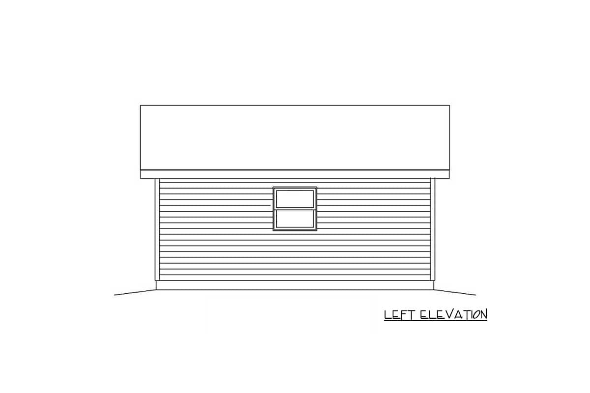 Left elevation drawing of a house plan with horizontal siding and one window.
