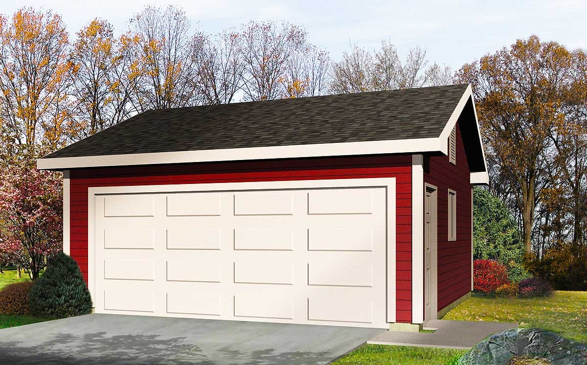 House plan exterior of a one-story garage with a gable roof, red siding, and a white sectional garage door.