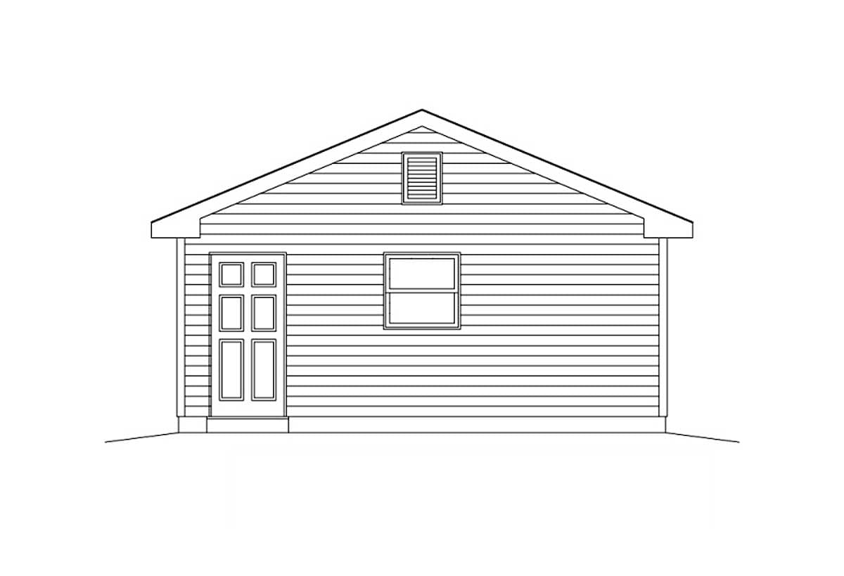 House plan exterior: Gable roof, single story, with a 6-panel door, one window, and a small louvered vent.