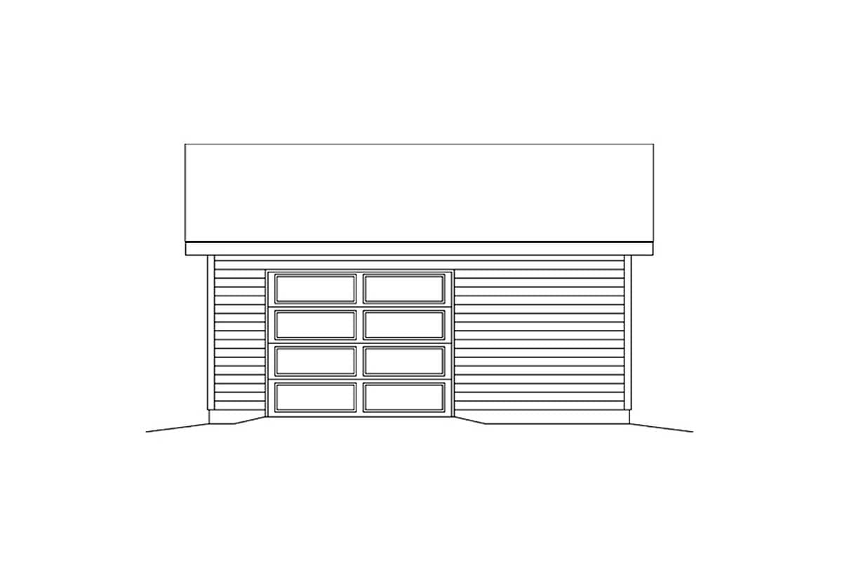 House plan exterior elevation of a single-story structure with a wide garage door featuring eight glass panes and horizontal siding.
