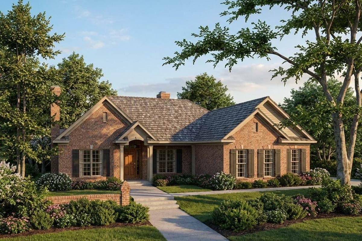 House plan exterior: One-story brick home with gabled dormer, front porch supported by columns, and brick chimney.