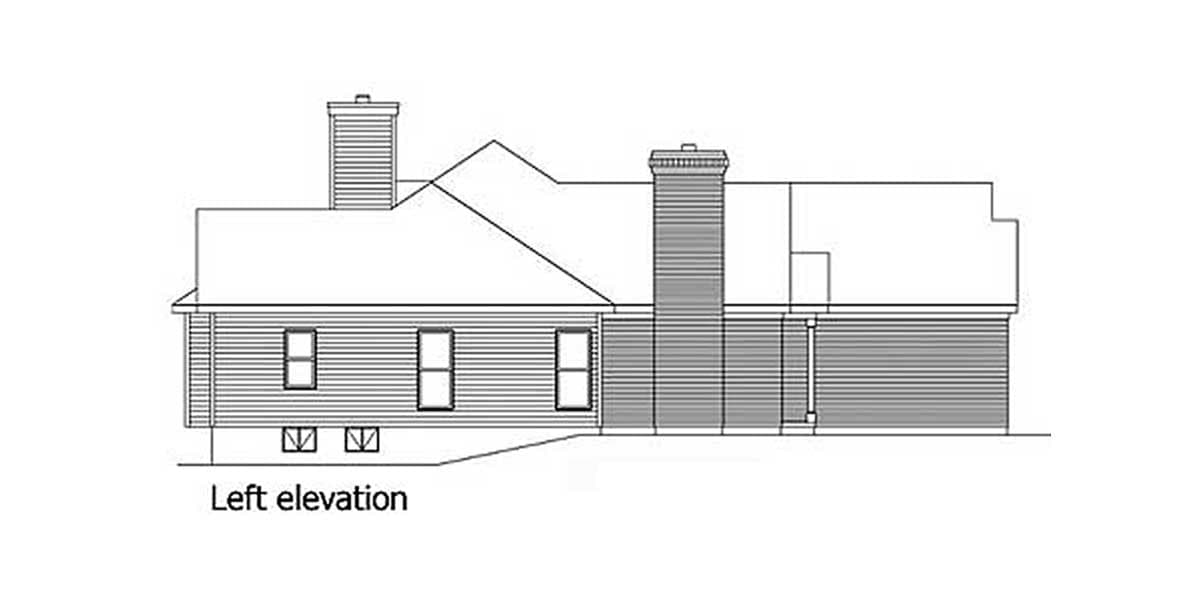 Left elevation drawing of a house plan with two chimneys, multiple windows, and a varied roofline.