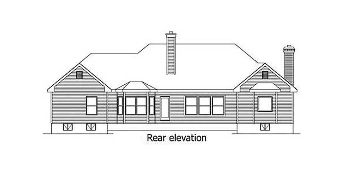 Rear elevation drawing of a one-story house with two chimneys, gables, and a central covered entry.