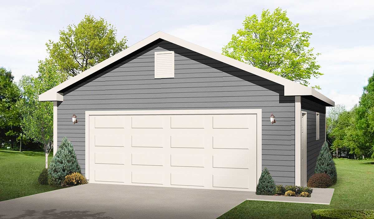 House plan exterior of a two-car garage with a gable roof, vinyl siding, and a large sectional garage door.
