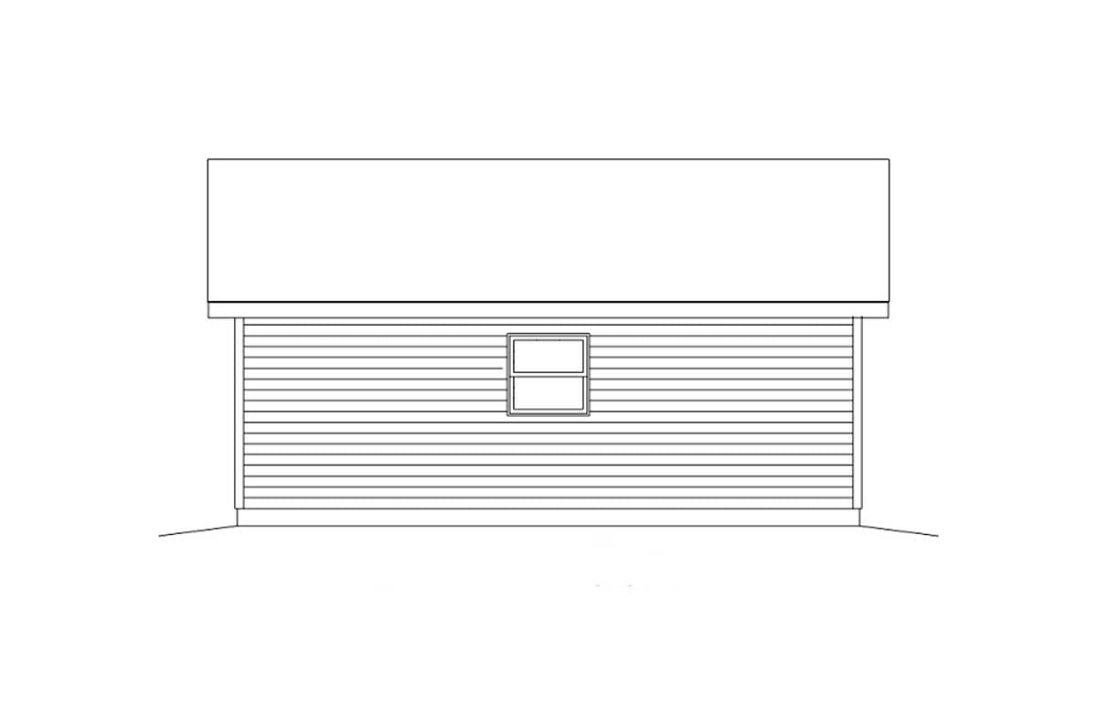 House plan exterior elevation drawing of a single-story building with horizontal siding and one window.