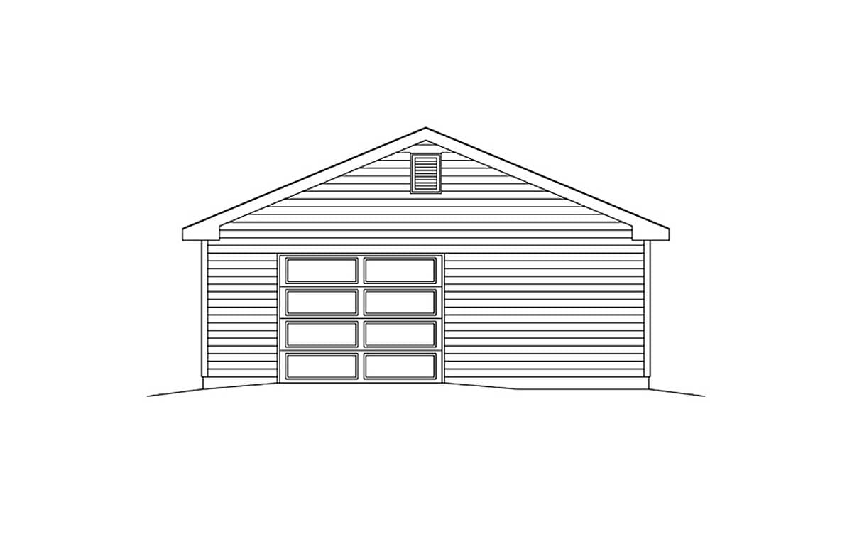 Garage house plan exterior drawing with a gable roof, horizontal siding, and a segmented garage door with glass panels.