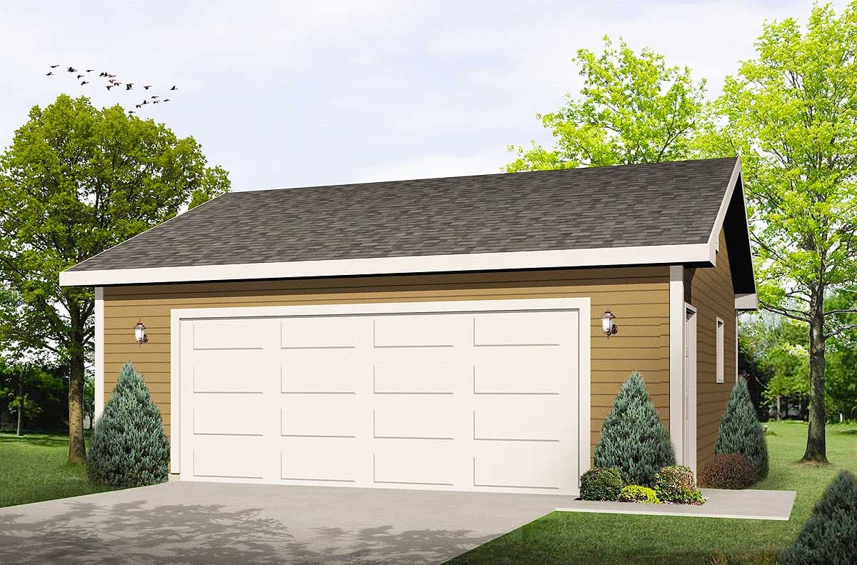 House plan exterior of a one-story garage with a gable roof, horizontal siding, and a multi-panel door.