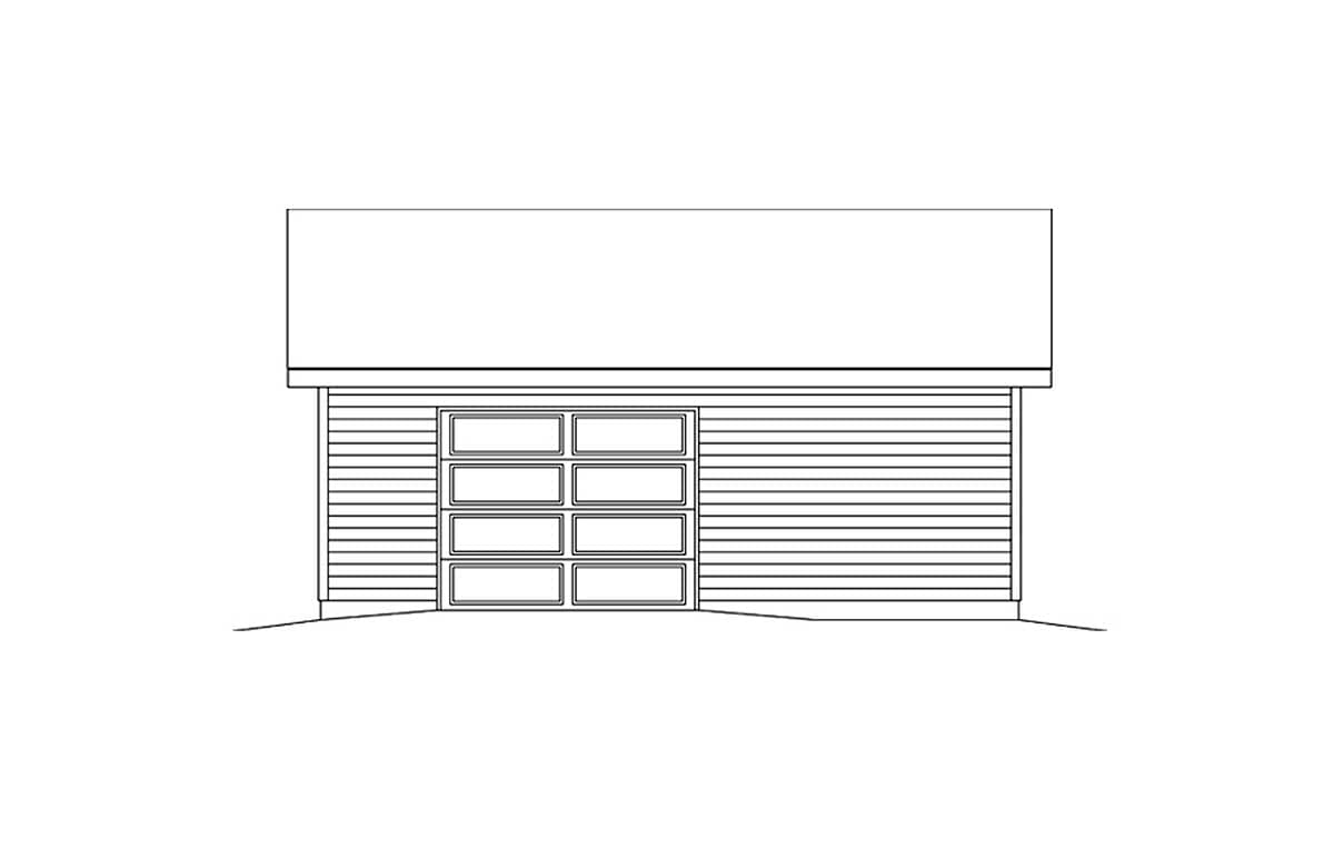 House plan exterior elevation of a garage with horizontal siding and an eight-panel glass garage door.