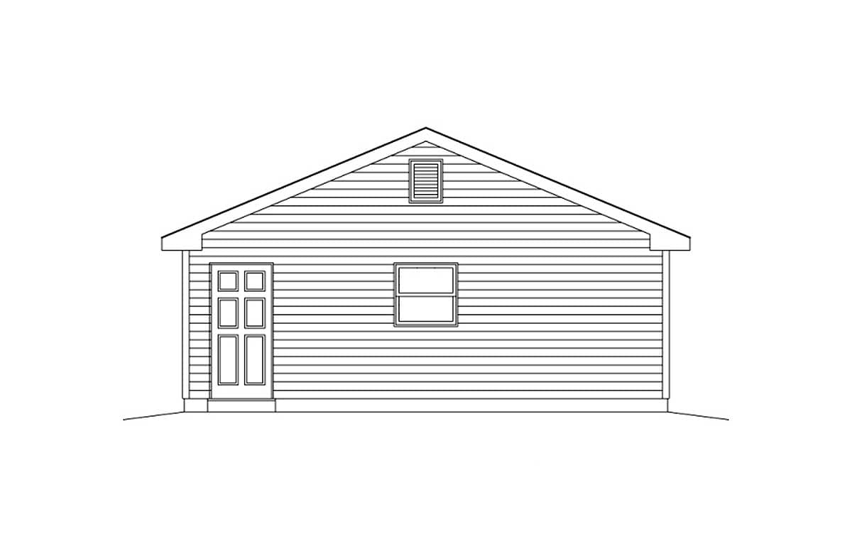 House plan exterior elevation: one-story rectangular structure with a gable roof, a double door, a single window, and a vent.