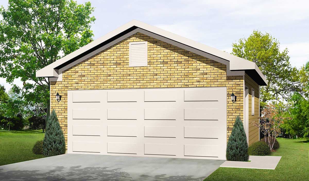 House plan exterior: Two-car garage with yellow brick facade, gable roof, and white panel doors.