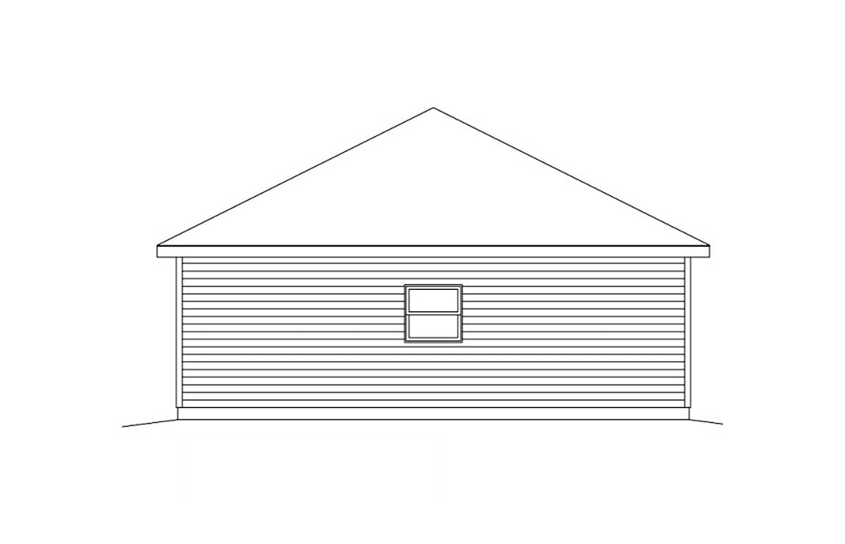 House plan side elevation with horizontal siding, gable roof, and one double-hung window.