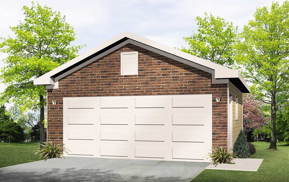 House plan exterior with a brick facade, gable roof with a vent, and a double garage door.