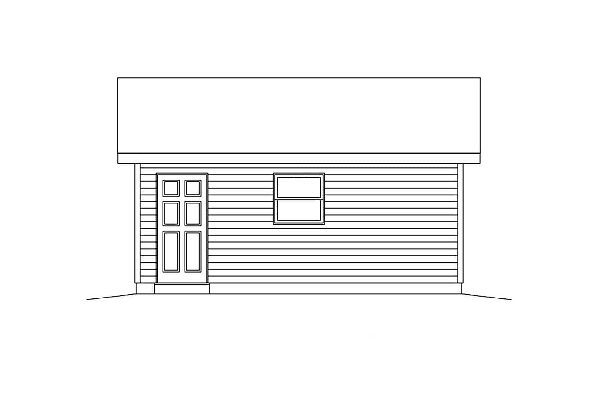 House plan elevation drawing showing a single-story exterior with horizontal siding, a front door, and one window.
