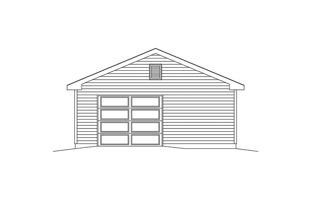 House plan exterior of a garage with a gable roof, horizontal siding, a multi-panel glass garage door, and a vent.