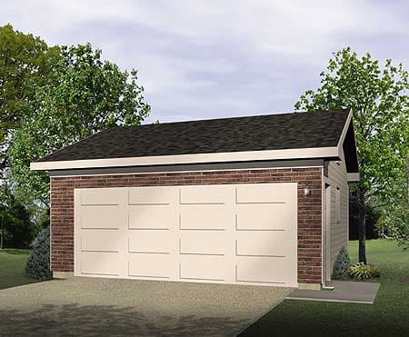 House plan exterior of a two-car garage with brick veneer, a pitched roof, and two overhead doors.