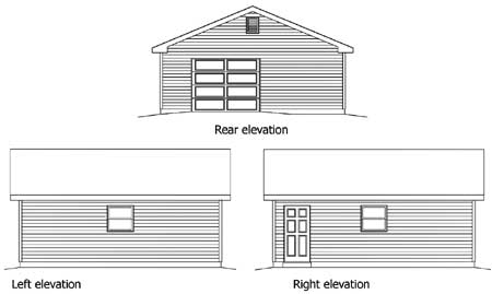 Rear, left, and right elevations of a one-story house plan with a garage door and a single entry door.
