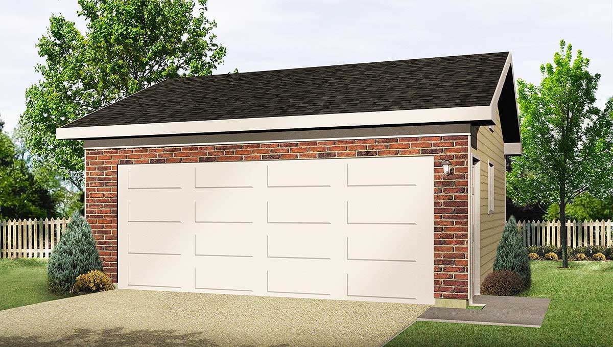 House plan exterior: One-story garage with brick facade, horizontal siding, asphalt shingle roof, and a large overhead door.
