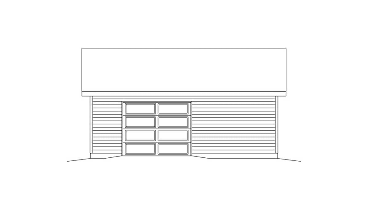 House plan elevation of a garage featuring horizontal siding and a multi-panel glass garage door with eight rectangular panes.