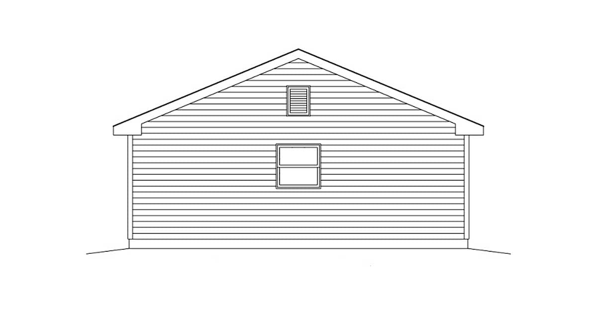 Side elevation of a one-story house plan with horizontal siding, a gable roof, and two windows.