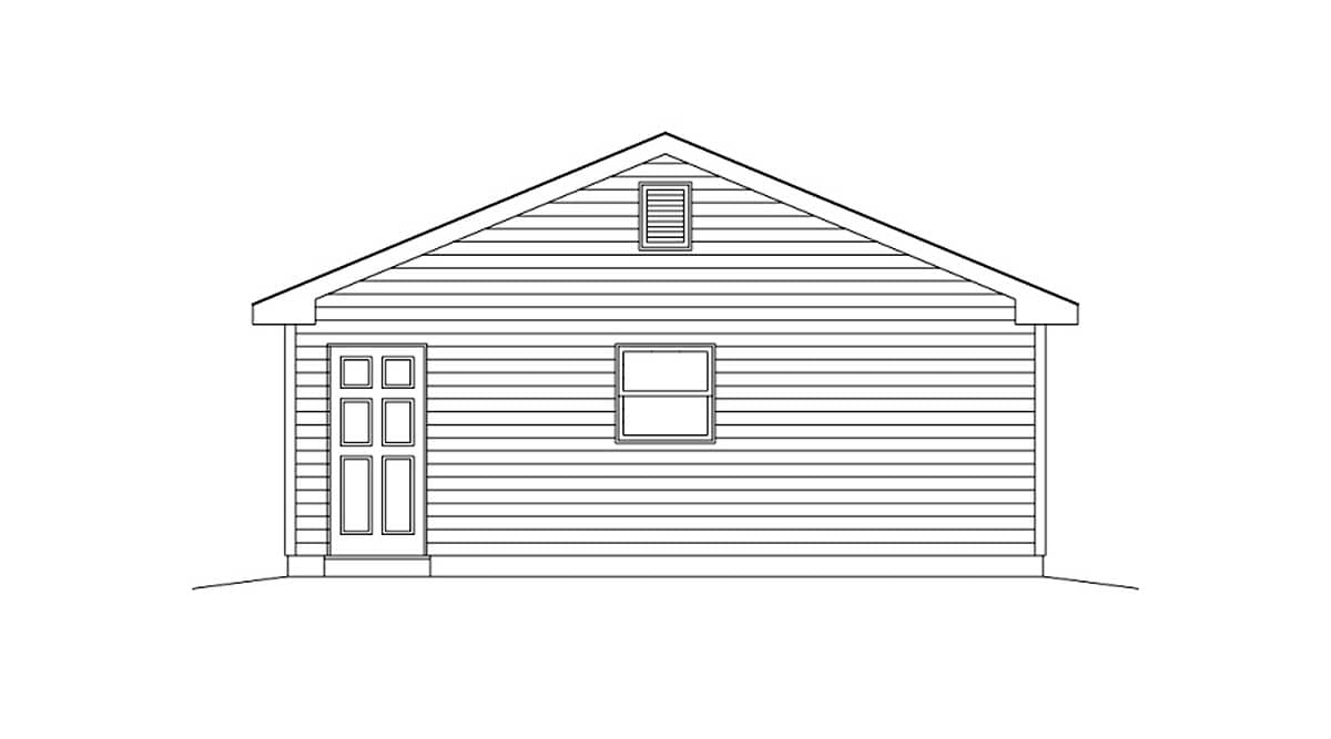 House plan exterior elevation drawing featuring a single story with a gable roof, double-pane door, and a rectangular window.