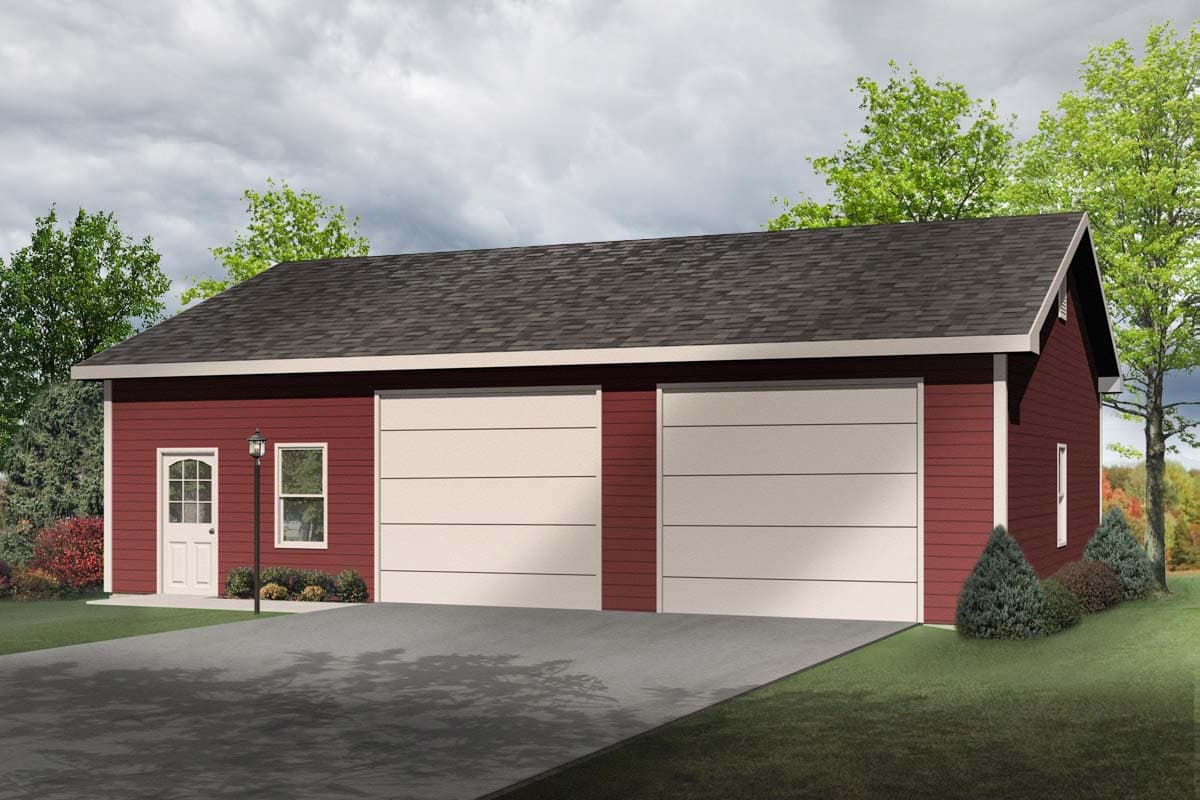 House plan exterior: Two-story modern farmhouse style with a front-facing two-car garage, gable roof, and a covered front porch.