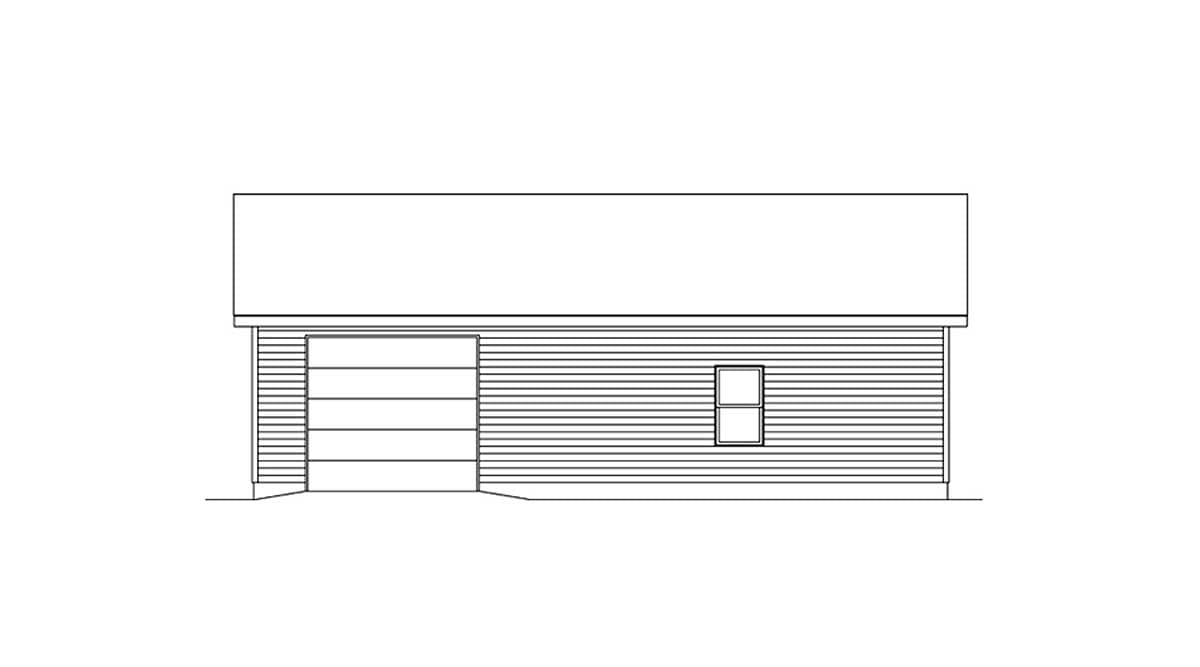 House plan elevation drawing showing the side of a one-story structure with a garage door and a single window.