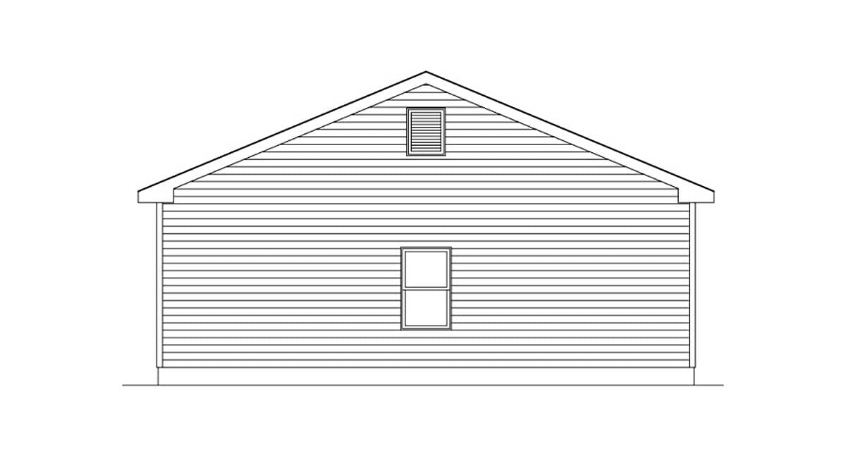 House plan elevation drawing of a single-story structure with horizontal siding, a gabled roof, and two windows.