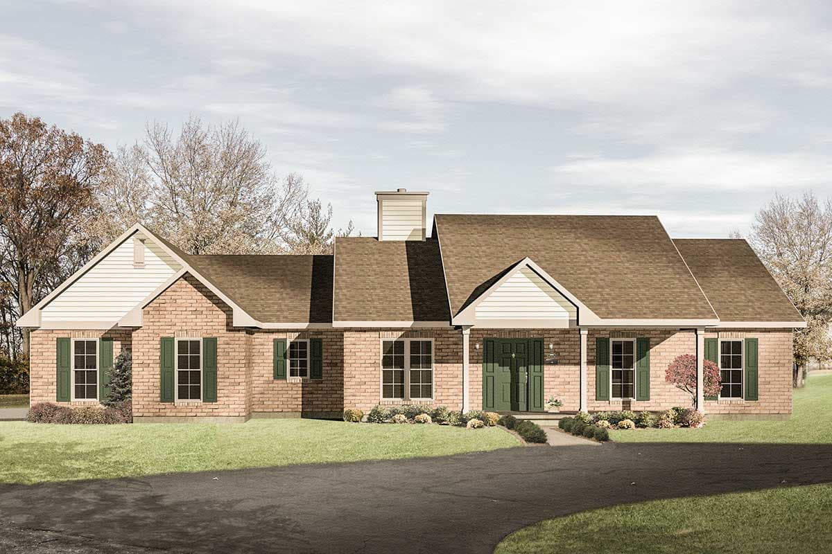 House plan exterior: One-story brick home with a gable-front porch, multiple gables, and a prominent chimney.