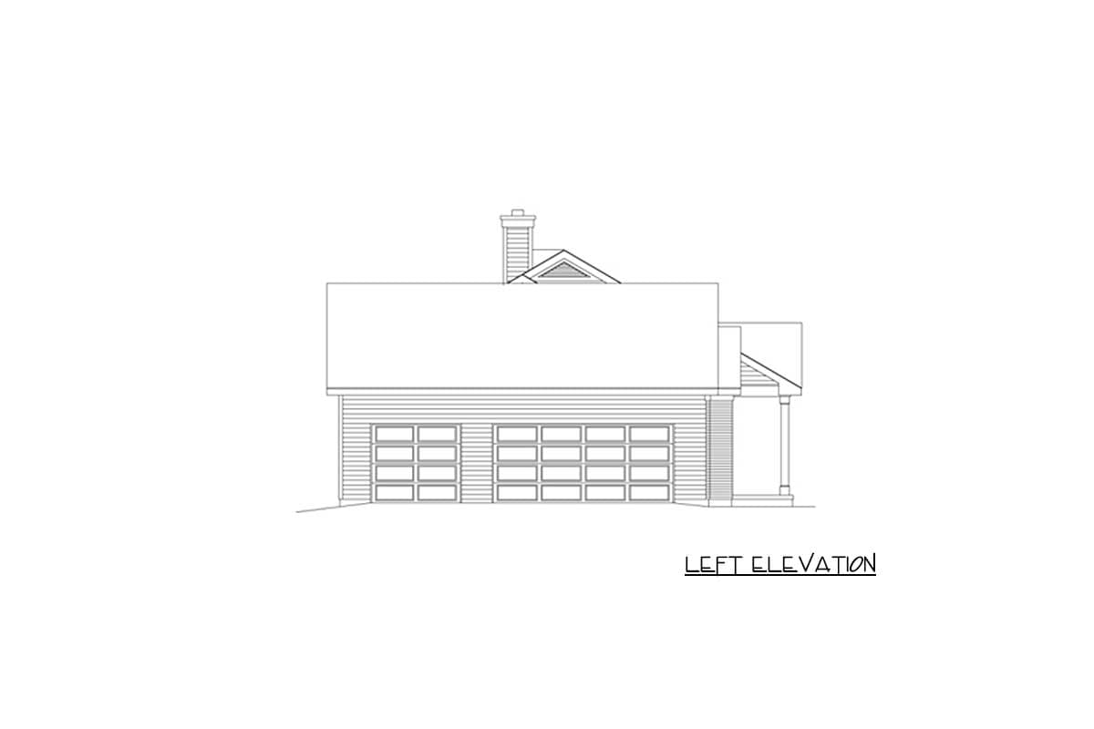 Left elevation house plan showing a three-car garage with horizontal panel doors and a gabled dormer.