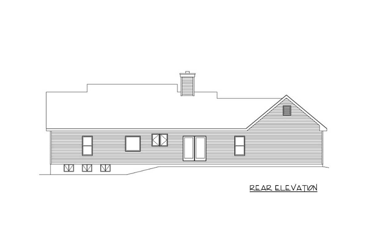 Rear elevation of a house plan featuring a hip roof, dormer window, chimney, and double doors.