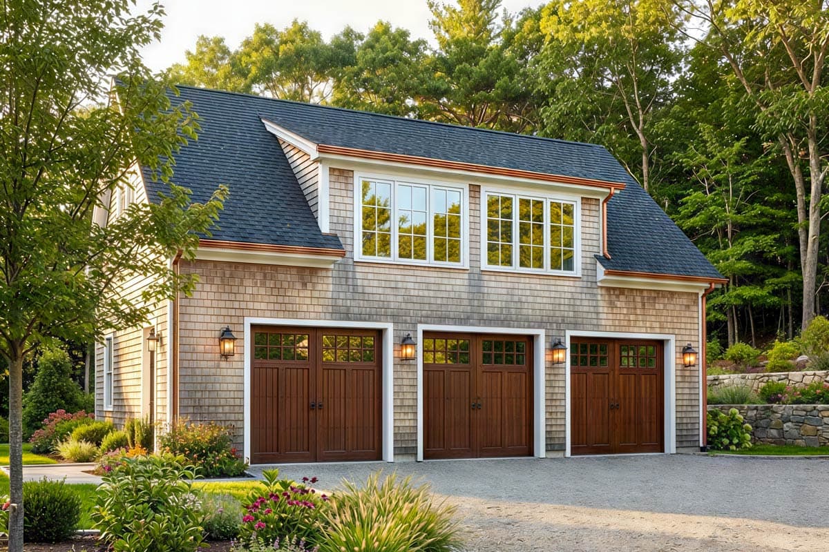 House plan exterior of a two-story garage with three bays, cedar shake siding, and a dormer window.