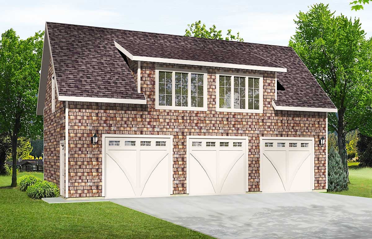House plan exterior of a two-story garage with three bays, cedar shake siding, and a dormer window.