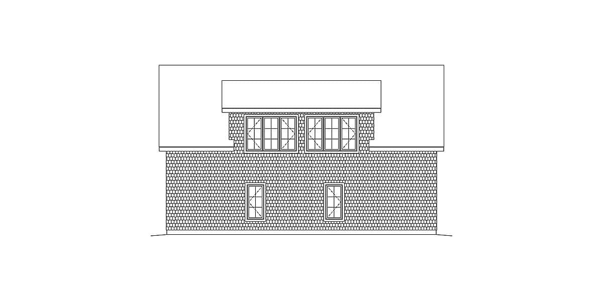 Front elevation drawing of a house plan featuring a shingled facade and a dormer with four windows.