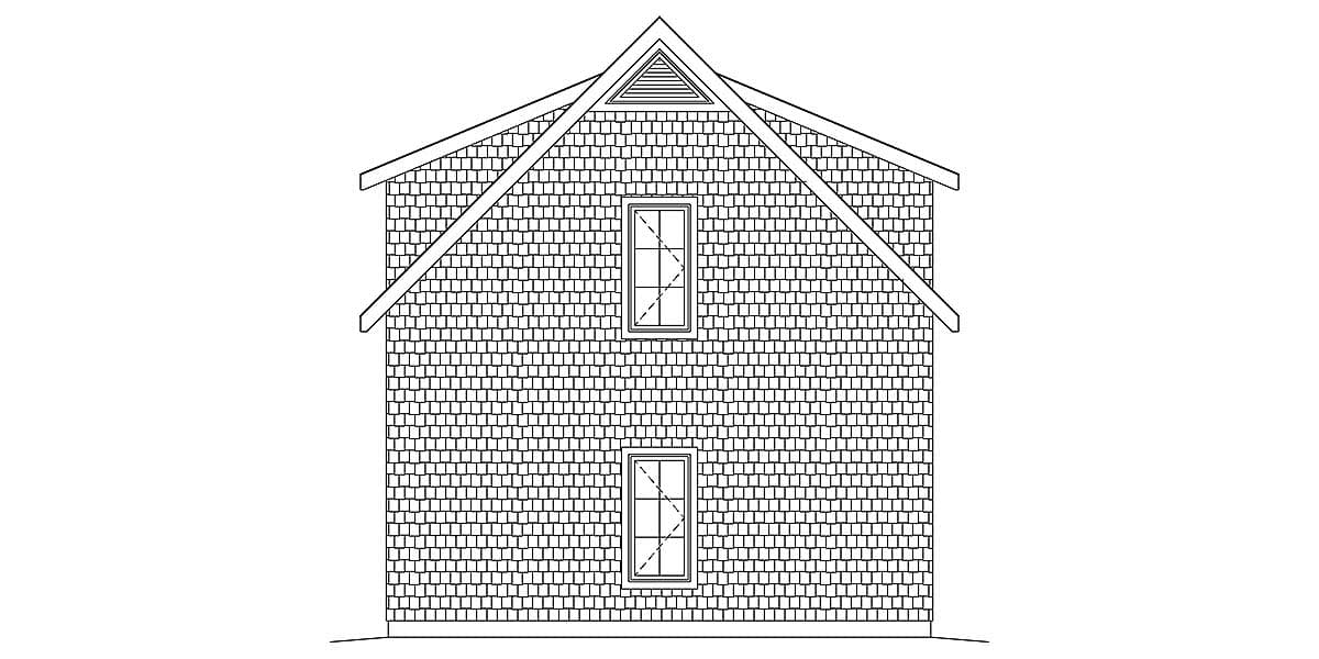 House plan elevation drawing showing a two-story structure with a prominent gable, a dormer, and shingle siding.