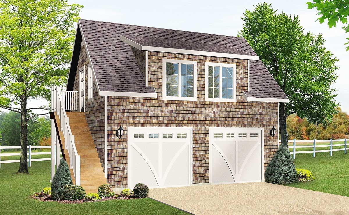 House plan exterior with two garage doors, wood shingle siding, dormer windows, and exterior stairs leading to an upper level.