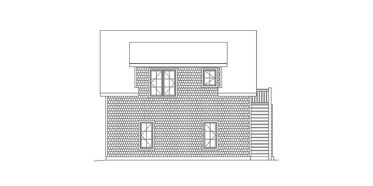 House plan elevation drawing of a two-story home with shingle siding, multiple windows, and an exterior staircase.