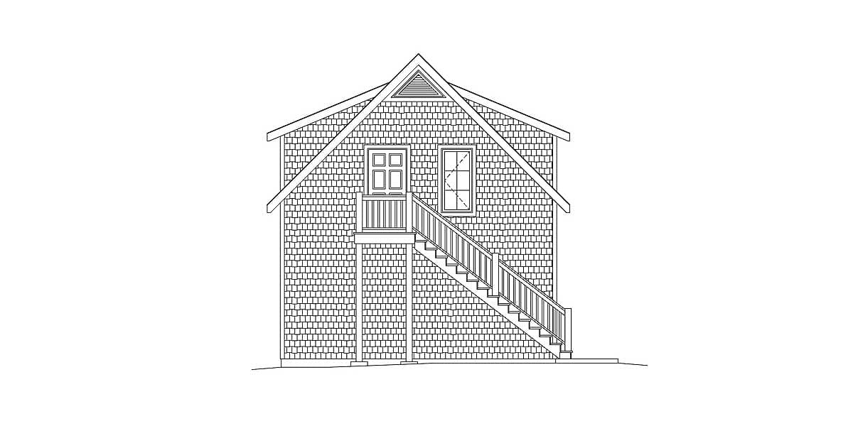 Exterior house plan showing a shingled facade with a prominent gable, double doors on a raised porch, and a long exterior staircase.