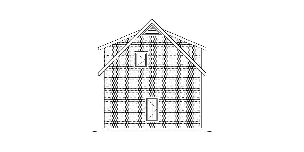 House plan elevation drawing showing a steep gable roof with cedar shingle siding and two windows.