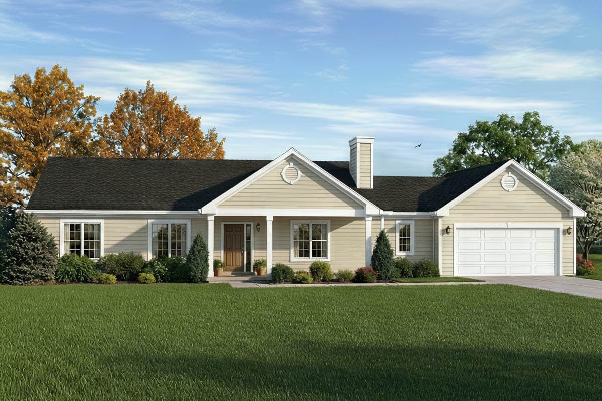 Ranch house plan exterior with a covered front porch, gabled dormer, and attached two-car garage.