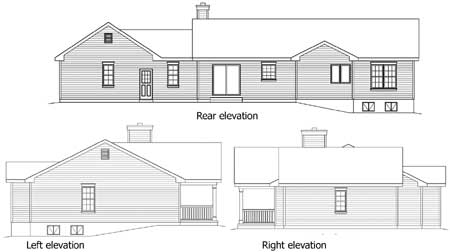 Architectural house plan elevations showing rear, left, and right views. Features include siding, gables, and a covered porch.