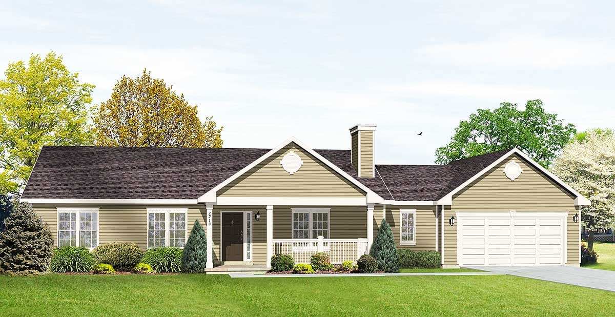 Ranch house plan exterior with a covered front porch, gabled dormer, and attached two-car garage.