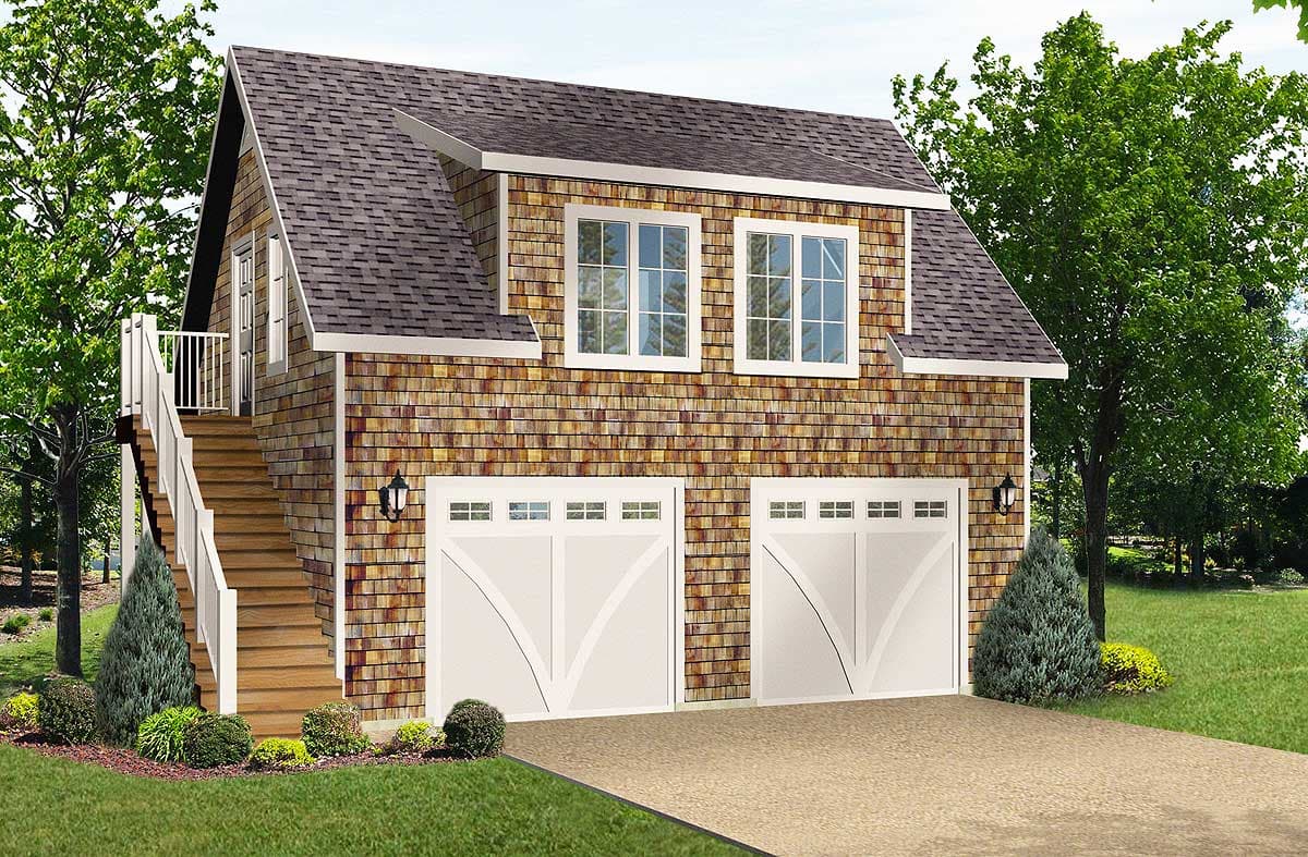 House plan exterior with two garage doors, an elevated stairway to the side entrance, and shingle siding.