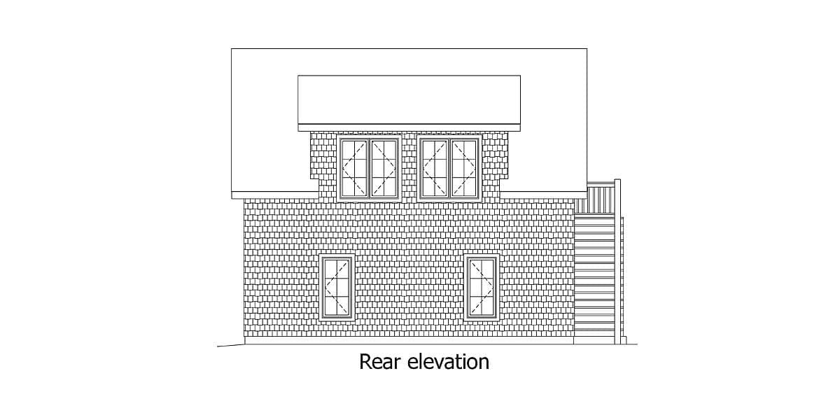 Rear elevation of house plan showing two windows on the first story and two windows on the second story, with stairs on the right.