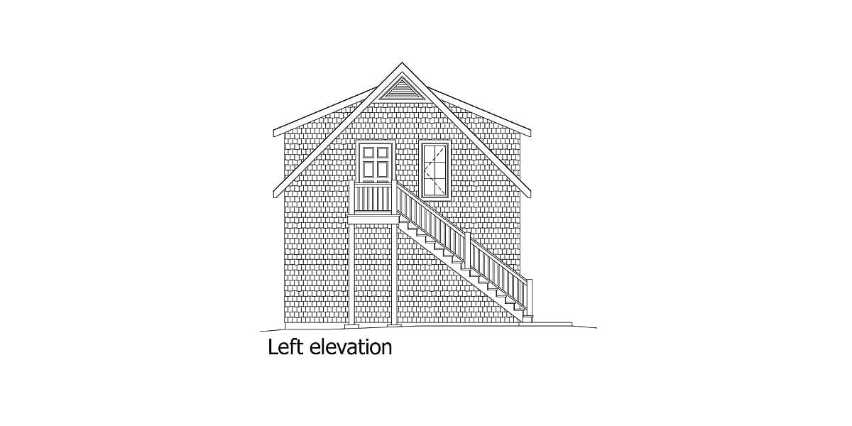 Left elevation drawing of a house with shingle siding, a prominent gable, and an exterior staircase leading to a front door.