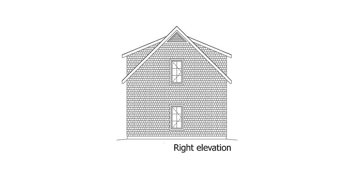Right elevation of a two-story house plan with a gambrel roof, shingle siding, and two stacked windows.