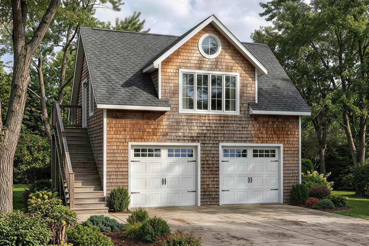 House plan exterior features two garage doors, cedar shake siding, a circular attic window, and a side staircase to a deck.