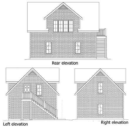 House plan elevations showing rear, left, and right views with shingle siding, gables, and a dormer.